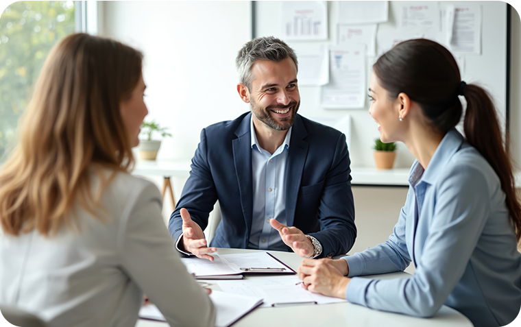 Businessman and two businesswomen meeting